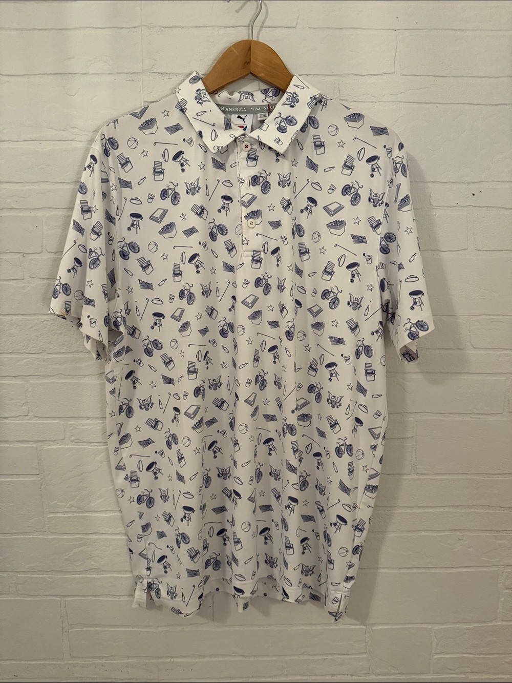 Puma Volition America White & Blue Printed Golf Shirt - Men